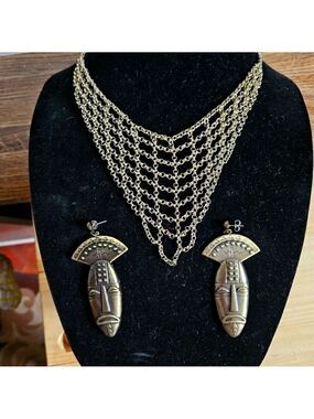 Vintage 90s Chain-mail Bib Necklace with Tribal Pierced Mask Earrings